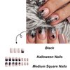 Halloween Press on Nails Medium Square MABKJLF Black Gradient Fake Nails Glitter False Nails with Spider Designs Glossy Glue on Nails Artificial Nails for Women Girls 24 Pcs