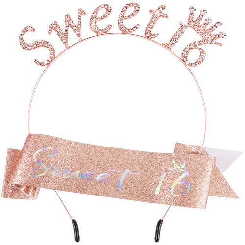 SuPoo 16th Birthday Crown and Sash Rose Gold Sweet 16 Tiara Headband 16th Birthday Decorations for Girls Sweet 16 Sash Happy Sixteen Party Decorations Party Favors Birthday Girl Headband