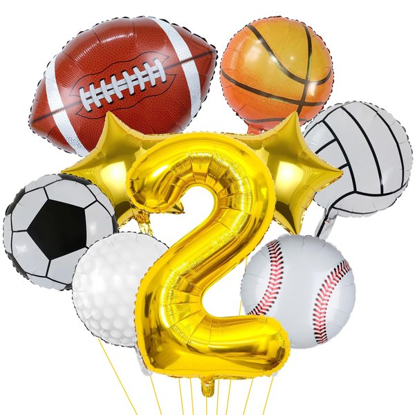 9 Pieces Sports Balloons, Football, Basketball, Baseball, Volleyball, Golf and Soccer Foil Balloon, Sports Birthday Number Mylar Foil Balloon, Sport Theme Birthday Party Supplies Decorations (2nd)