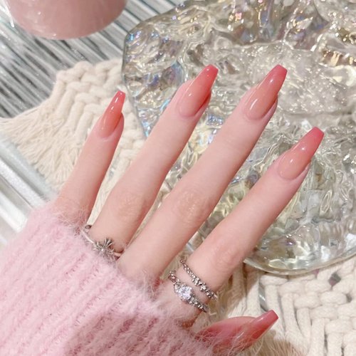 MERVF Coffin Press on Nails Long Fake Nails Ombre French Tip Ballerina Glue on Nails with Designs 24pcs Pink Glossy Acrylic Nails Artificial False Nails for Women