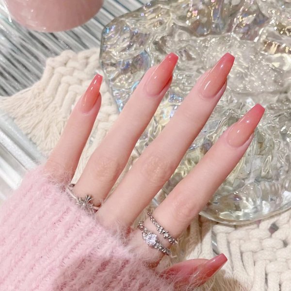 MERVF Coffin Press on Nails Long Fake Nails Ombre French Tip Ballerina Glue on Nails with Designs 24pcs Pink Glossy Acrylic Nails Artificial False Nails for Women