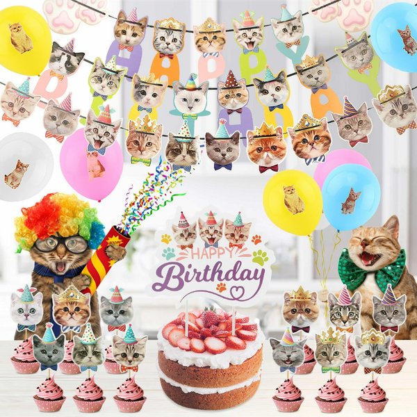 47 Pcs Cat Birthday Decorations Super Kitties Birthday Party Supplies 15 Pcs Happy Birthday Banner Ribbon Balloons 10 Pcs Cat Face Banners Cake Topper Cupcake Toppers for Cat Themed