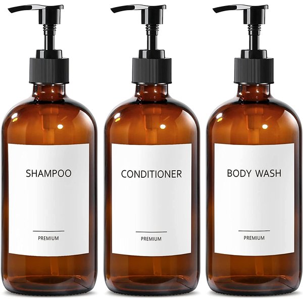 GMISUN Glass Amber Shampoo and Conditioner Dispenser Bottles, Refillable Shampoo and Conditioner, Body Wash Dispenser Bottles with Pump, Empty Reusable Bathroom Shower Bottles Set, 3 Pack(Amber)