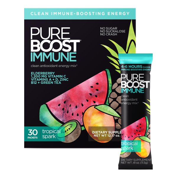 Pureboost Immune Clean Energy Drink Mix: Immunity Supplement with Elderberry, 1200 mg Vitamin C, Vitamins A + D, Zinc, 28 Vitamins, Minerals and Supernutrients (Tropical Spark, 30 Count)