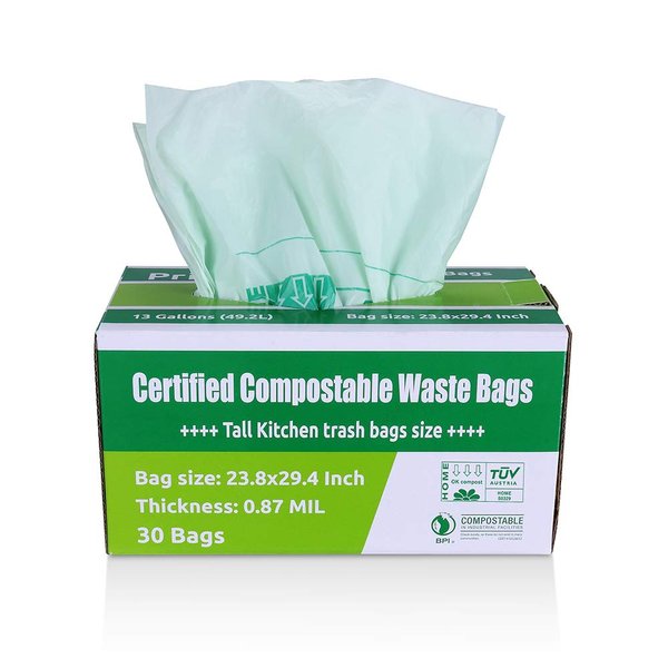 Primode 100% Compostable Trash Bags 13 Gallon | 30 Count Tall Kitchen Compost Bags, Food Waste Bags, Certified Compost Bags, Certified by BPI and TUV, Extra Thick 0.87
