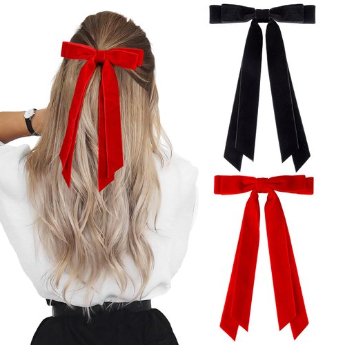 2PCS Velvet Hair Bows Ribbon Hair Clip Black Red Accessories Ponytail Holder Accessories Slides Metal Clips Hair Bow for Women Girls Toddlers Teens Kids