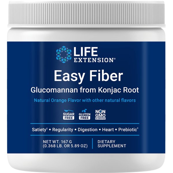 Life Extension Easy Fiber - Glucomannan Fiber, Regularity, Digestion, Heart Health, No Artificial Sweeteners, Vegetarian, Non-GMO, Gluten Free, Sugar Free, Net Wt. 167 G (0.368 Lb. Or 5.89 Oz)