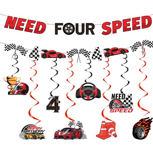 Luvsweets Need Four Speed Birthday Decorations, 10 Pcs 4th Birthday Decorations, Race Car Checkered Flag Banner Garland for 4 Year Old Boy, Racing Celling Decor Party Supplies