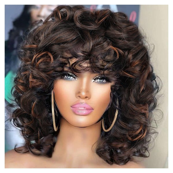 Lotfon Short Curly Wigs for Black Women Synthetic Hair Heat Resistant Fluffy Natura Wigs for African American Women (Brown)