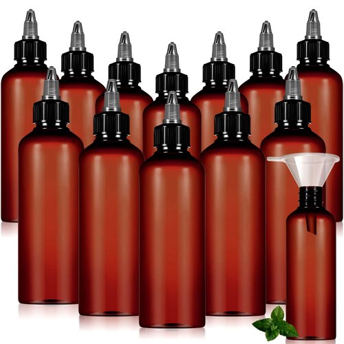 Barydat 12 Pcs Twist Top Applicator Bottle Refillable Squeeze Empty Plastic Bottles, Multi Purpose Round Hair Oil Applicator with Open Close Nozzle and 2 Funnels for Shampoo Lotion (Amber,3.5 oz)