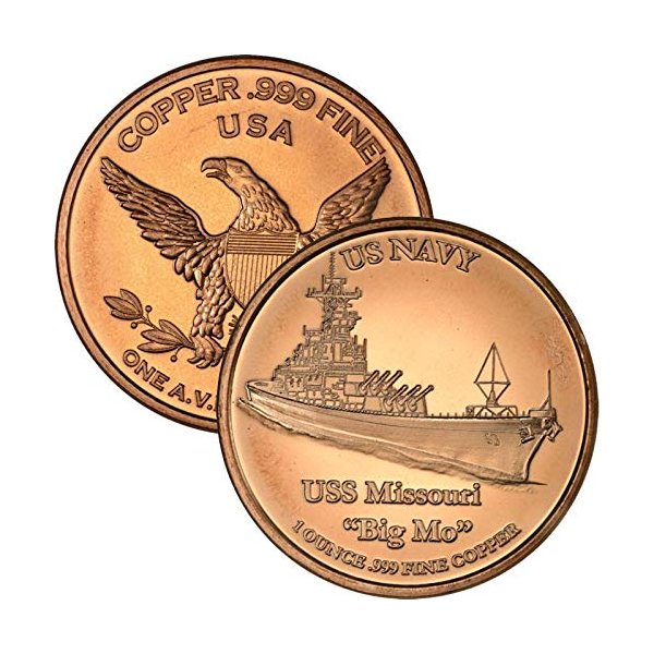 Jig Pro Shop Private Mint 1 oz .999 Pure Copper Round/Challenge Coin (USS Missouri Big Mo US Navy)