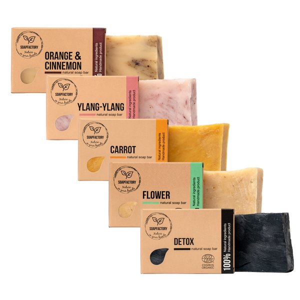 SoapFactory Natural Soap Bar Set, Organic Certified, Variety Pack with Activated Charcoal, Orange and Cinnamon, Ylang Ylang, Patschuli, Vegan, Handmade (5 Pack)