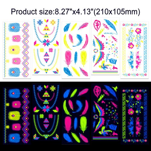 HOWAF 12 Sheets Glow UV Neon Temporary Tattoos 120+pcs Body Face Tattoos for Women Blacklight Festivals Raves Party Supplies, Glow in the Dark Tattoos Stickers Waterproof Neon Body Art Decoration