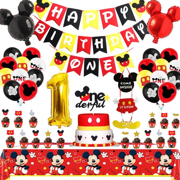 Cartoon Mouse 1st Birthday Party Decorations,One Year Theme Party Supplies Included Banner,Tablecloth,Latex Balloons,Foil Balloons,Cake Topper,Door Sign for First Year Old Boy Baby Shower Decorations