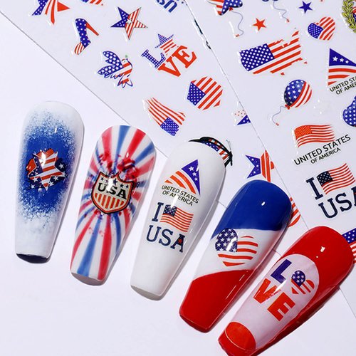 8sheets National Flag Nail Stickers American Independence Day Nail Decal Nail Art Decoration Supplies National Flag Star Butterfly Heart Shape Design for Women Nail Art Accessories