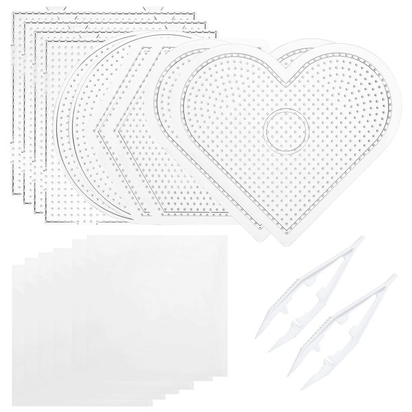 Perler Bead Pegboards, Dedoot 18 Pieces 5mm Fuse Bead Board Clear Plastic Perler Bead Design Square Boards (10 Board + 6 Ironing Paper + 2 Beads Tweezers) for Kids DIY Craft Beads