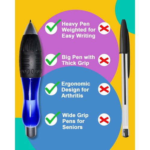 lyforx 𝟯 𝗼𝘇 Fat 𝐇𝐞𝐚𝐯𝐲 𝐖𝐞𝐢𝐠𝐡𝐭𝐞𝐝 Pens for Arthritis Hands, Parkinson's, Carpal Tunnel, Hand Tremors Wide Grip, Thick Barrel, Easy to Hold Blue