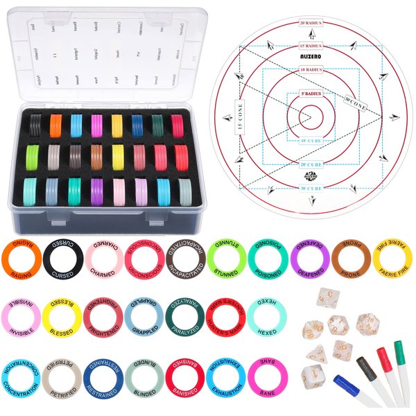 Upgraded ALIZERO Tabletop RPG DND Condition Markers Set and Spell AOE Damage Marker D&D Area Effect Template, with 96 DND Status Effect Markers in 24 Frequently Used Conditions