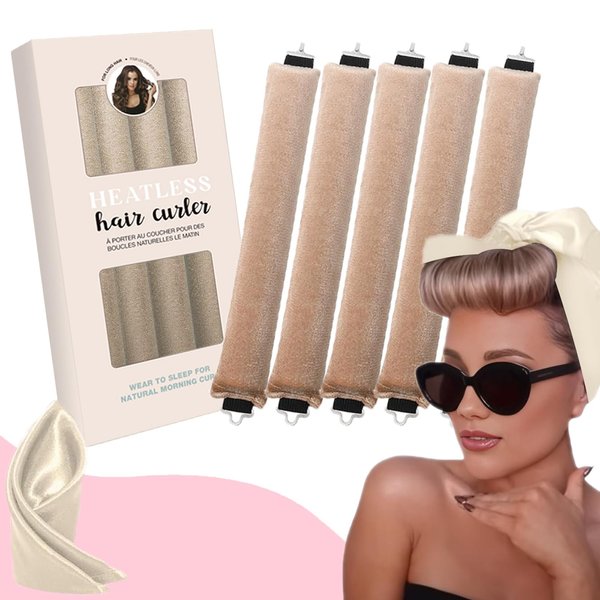 Heatless Hair Curlers Curling Set Overnight Blowout Curls Rods No Heat Self Curling Rods Hair Rollers Set for Fine Thin Long Hair Heatless Curl Silk Hair Wrap（4 +1 Rods) (3 Rods Beige, 11 IN)