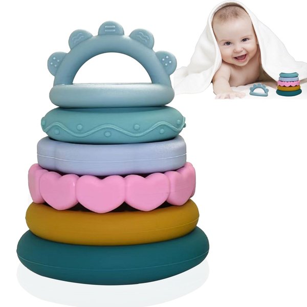 Baby Teething Toy, Silicone Teething Toys, Stacking Ring Toys Baby Toys, Toddler Montessori Sensory Soft Rings Stacker, Suitable for Babies of Any Age