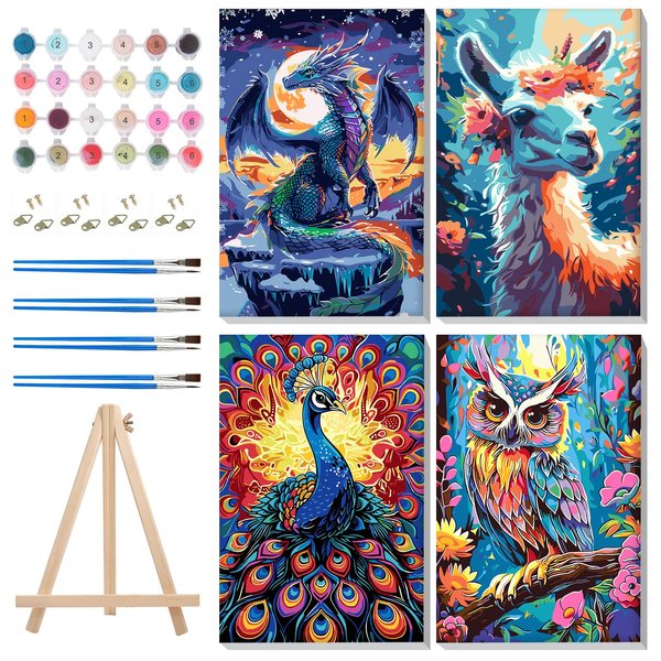 MISCER 4 Pack Paint by Numbers for Adults Beginner, Animals Paint by Number Kits with Easel, DIY Acrylic Oil Painting Suitable for Home Decoration (8 * 12 Inch)