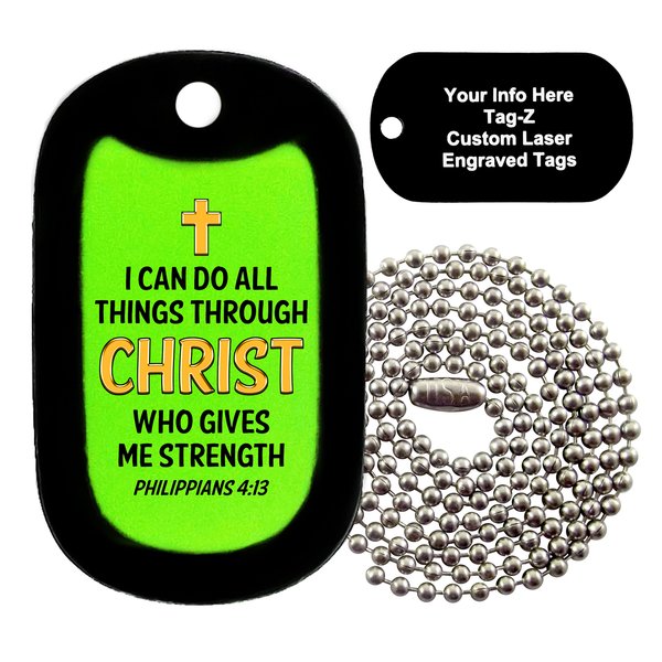 Tag-Z Military Dog Tags - CUSTOM ENGRAVED PHIL 4:13 - LIME GREEN - Military Dog Tag Necklace