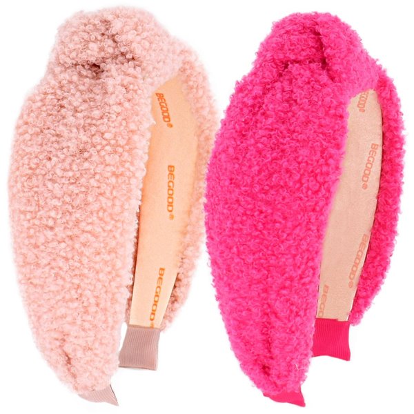 BEGOOD Headbands for Women Fluffy Womens Knotted Wide Headbands Pink Headbands Fashion Hairbands for Women's Hair Designer Winter Turban Hair Accessories for Girls 2Pcs