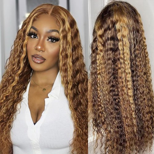 studyy Honey Blonde Deep Wave Lace Front Wigs 13x6 Ombre Lace Front Wigs Human Hair Pre Plucked With Baby Hair 180 Density Highlight Glueless Curly Lace Frontal Wigs For Women P4/27 Color 22 Inch