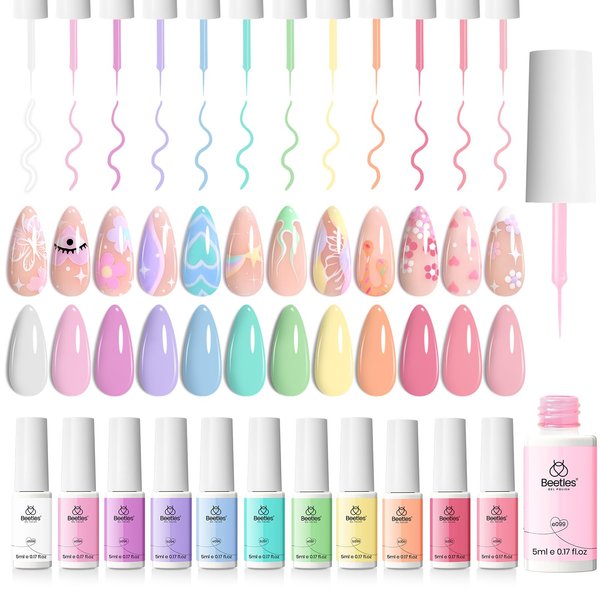 beetles Gel Polish Set, 12 Colors Sheer Pink Nude Blue Purple White Yellow Orange Lavender Gel Polish Pastel Gel Polish, Soak Off Uv Lamp Manicure Gift for Women