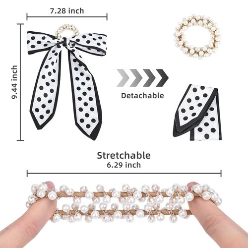 Yonchic 5Pcs Satin Silk Scrunchies, Bow Hair Tie Cute Ribbon for Hair for Girls Women, Bowknot Hair ties Hair Scarf with Bows Ponytail Holders (Black & White)