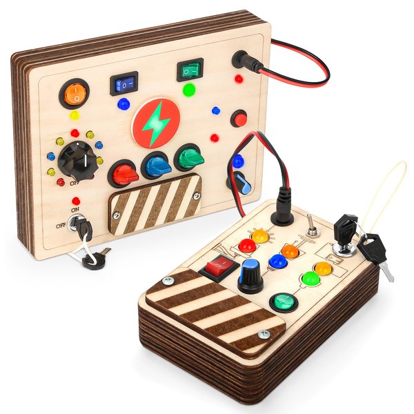 DINORUN Busy Board Montessori Wooden Sensory Toys for Toddlers with LED Light, Autism Sensory Products Travel Toys for 18+ Months Boys Girls Birthday Gifts (2 PCS)