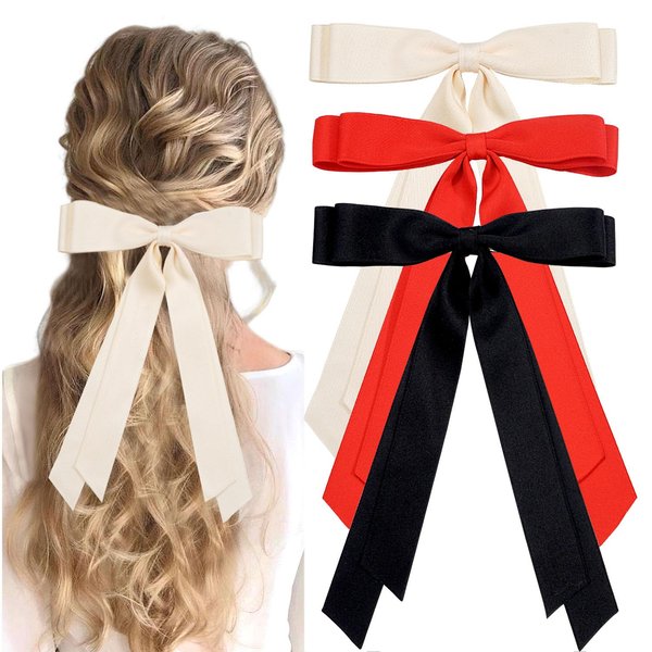 Qearl 3 Pcs Ribbon Bows for Hair, Ribbon Hair Clips, Tassel Ribbon Bowknot with Alligator Clips Hair Accessories for Women Girls
