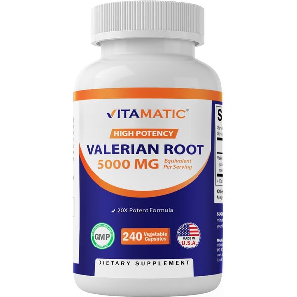 Vitamatic Valerian Root 5000 mg Equivalent per Capsule - 240 Capsules - 20X Concentrated Extract from 20:1 250mg - Herbal Sleep Aid
