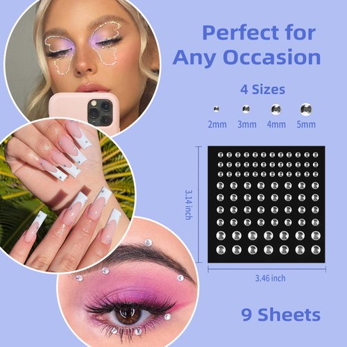 DIVAWOO 9 Sheets Bindi Dots Face Gems Face Jewels-Crystal Rainbow Heart Pearl Rhinestones For Women Eye Makeup Festival Accessory Nail Art Decoration