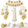 1st Birthday Decoration for Boys Girls, Cream White Gold 1st Birthday Balloon, 40 Inch Number 1 Balloon Sand White Star Heart Foil Balloons and Birthday Banner for Baby 1 Year Old Birthday Party Decor