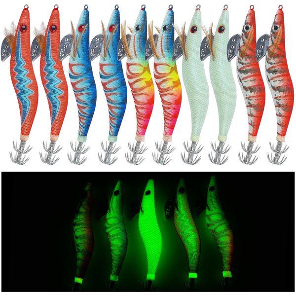 Squid Jig Hook Hard Fishing Lures - 10Pcs Luminous Fishing Shrimp Lure Bait Artificial Baits Kit Bionic Plastic 3D Eyes Fake Prawn Glow Bait Octopus Cuttlefish Fish Hooks