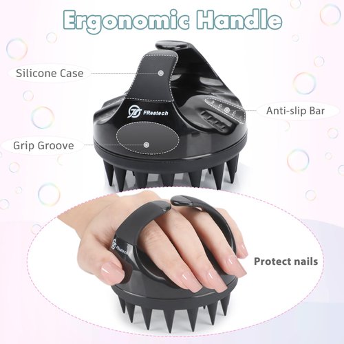 FREATECH Hair Scalp Massager Shampoo Brush with Long & Soft Silicone Bristles for Scalp Care, Gentle Scrub to Exfoliate, Intensive Massage to Relax The Head, Dandruff Removal and Hair Growth, Black