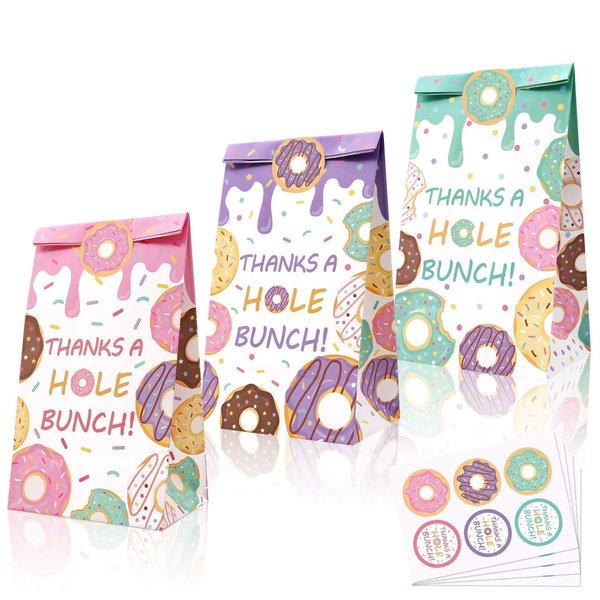 Levfla 24 PCS Donut Candy Bags Sprinkles Goodie Bags Thanks A Hole Bunch Stickers Sweet Doughnut Favor Ideas Kids Birthday Party Bash Decoration Supplies
