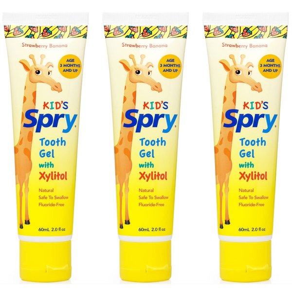 Spry Xylitol Baby Toothpaste, Natural Toddler Toothpaste, Fluoride Free Toothpaste for Kids, Xylitol Toothpaste for Kids Age 3 Months and Up, Tooth Gel Strawberry Banana 2 Fl Oz (Pack of 3)