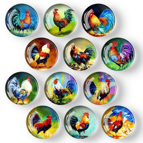 COSOW 12Pcs Glass Strong Magnetic Refrigerator Magnet Fridge Sticker - Rooster Round Glass Fridge Decoration, Office Whiteboard Magnet, Cabinet Magnet, Dishwasher Magnet, Cabinet Cute Locker Magnet