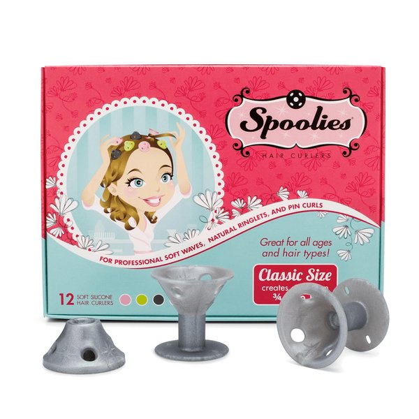 Spoolies Original Hair Curlers, Heatless Silicone Rollers for Natural Hair, Hair Extensions plus Wigs, Made in USA, 12 Medium Size (Silver Edition)