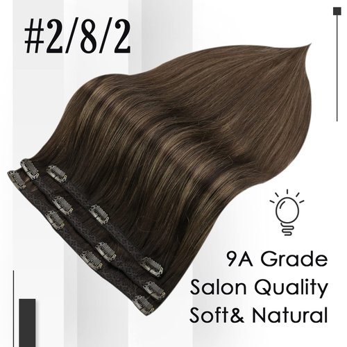 Full Shine Ombre Clip in Hair Extensions Dark Brown Fading to Brown And Ash Brown 2/8/2 Brazilian Human Hair Extensions Lace Double Weft Balayage Brown Remy Hair 3Pcs 50Grams 18 Inch