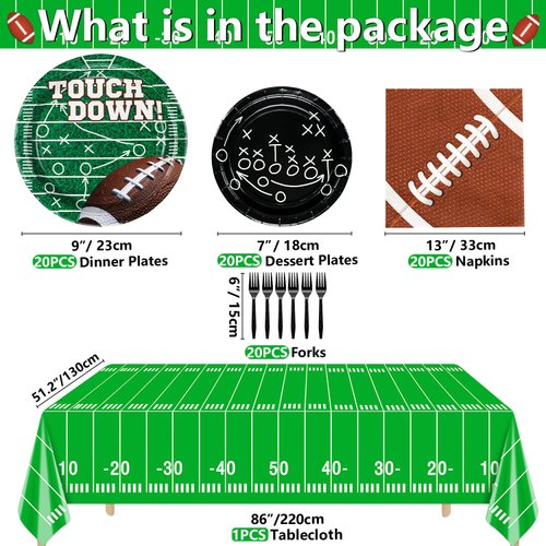Football Party Supplies for 20 Guests, Disposable Tableware Set includes Football Formation Tactics Plates, Football Napkins, Football Field Tablecloth for Football Game Day, Football Birthday Party