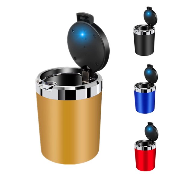 Car Ashtray, Car Ashtray with Lid, Car Ash Tray with LED, Mini Trash Can for Car, Detachable Stainless Steel Ash Tray (Gold)