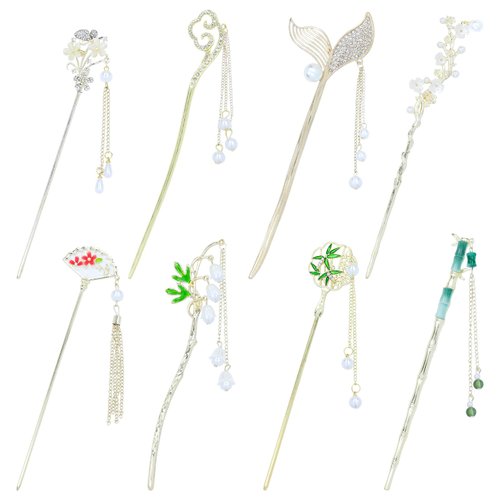 inSowni 8 Pieces Vintage Retro Asian Chinese Hanfu Gold Metal Hair Sticks Pins with Pearl Pendants Bamboo Leaf Flower Fishtail Hair Chopsticks Forks Bun Updo Holders Long Hairpins for Women Girls