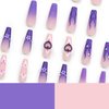 LPOODDNU Press on Nails Long Purple Fake Nails 3D Flower Acrylic Nails Extra Long Nails Press ons Glossy Glue on Nails with Flame Flower Pattern Cute Stick on Nails for Women Finger Manicure 24Pcs