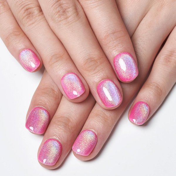 GLAMERMAID Press on Nails Extra Short Squoval, Spring Summer Handmade Rainbow Hot Pink Gel Nails Polish Glue on Nail, 24Pcs Glossy UV Finish Fake Nails Acrylic False Nail Manicure Kit for Women Gift