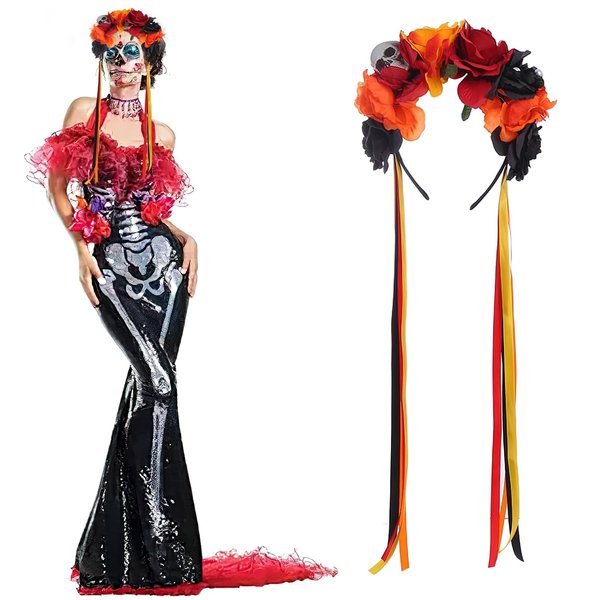 BASEMMAHER Mexican Day of the Dead Flower Headband Halloween Skull Floral Crown Rose Veil Ribbon Streamers Headpiece Hair Accessories for Women Girls Halloween Masquerade Cosplay Party Costume