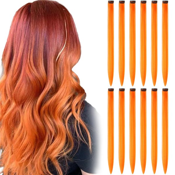 BUMMSEVEN 12 Pcs Orange Hair Extensions Clip in Hairpiece Accessories, 22 Inch Long Streak Straight Ins Heat Resistant Colored Synthetic, Using for Halloween Costume Party Play Highlights