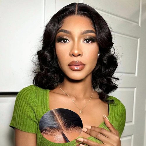 Qmaple Wear and Go Glueless Wigs Human Hair Pre Plucked Pre Cut 13x4 Body Wave Bob Wig Human Hair Upgraded No Glue Pre Cut HD Lace Closure Wigs Human Hair Short Human Hair Wigs for Black Women 12Inch